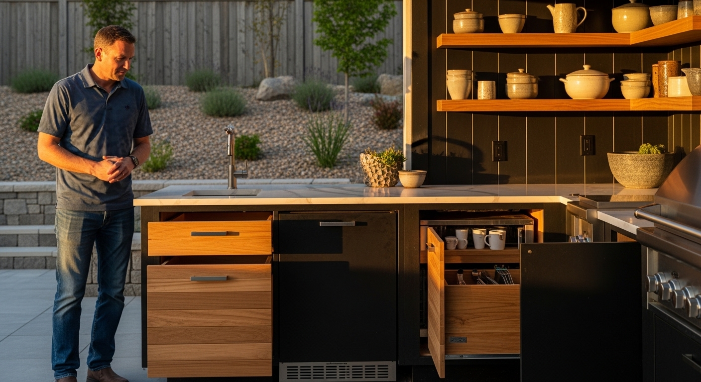 outdoor kitchen cabinet ideas shown in a completed Utah backyard remodel with custom storage and countertops"