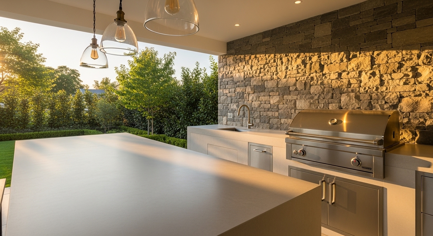 outdoor porcelain humidity resistant countertop 2026 — outdoor kitchen with grill, stone wall, and garden background
