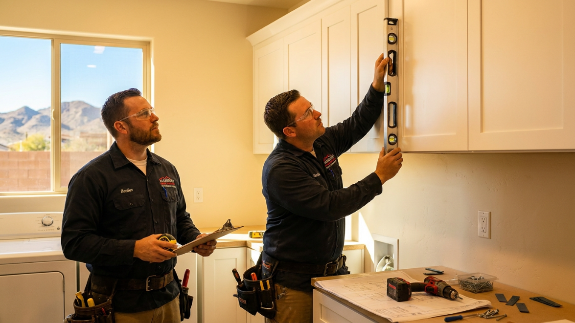 professional cabinet installers working in Utah laundry room