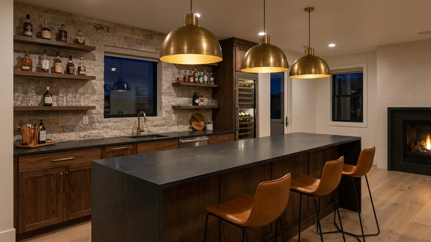 bar utility area countertops Utah basement wet bar dark quartz surface custom cabinetry warm lighting