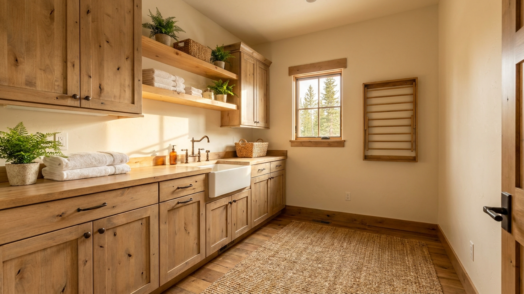 custom laundry room cabinets Utah cost ideas rustic farmhouse knotty alder wood cabinets with oil rubbed bronze hardware mountain home