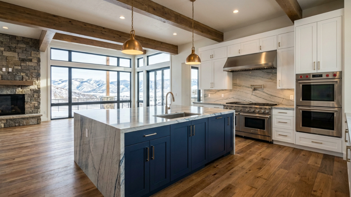 kitchen remodel cost Park City Utah 2026 — finished luxury kitchen with island and mountain view