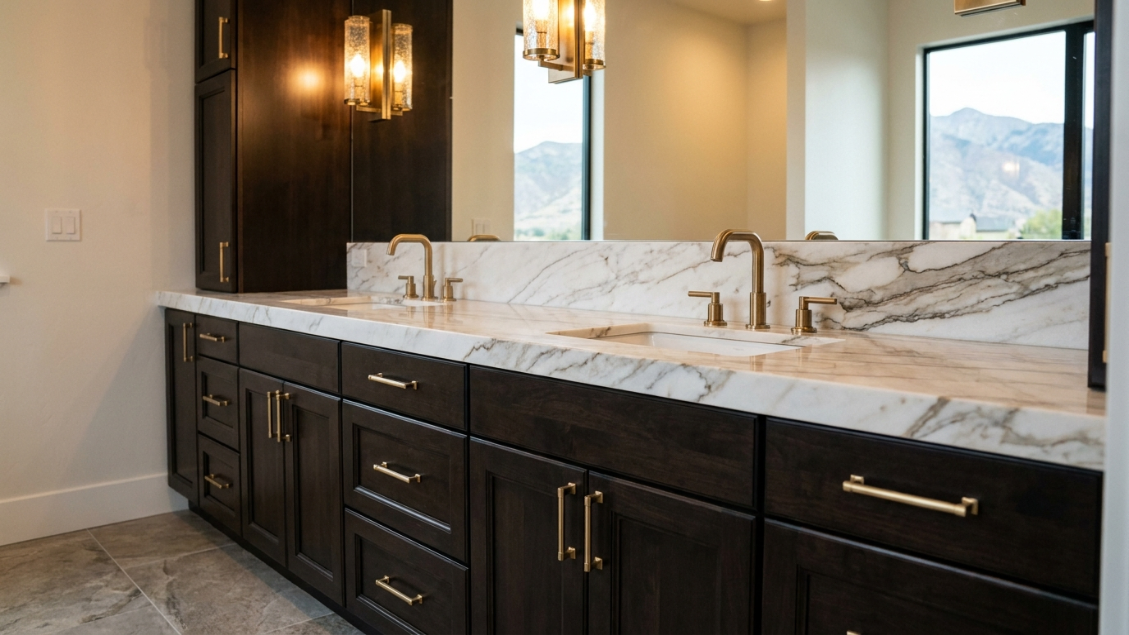 Factory direct cabinet pricing Utah what it means — newly installed double bathroom vanity in a luxury Utah home remodel