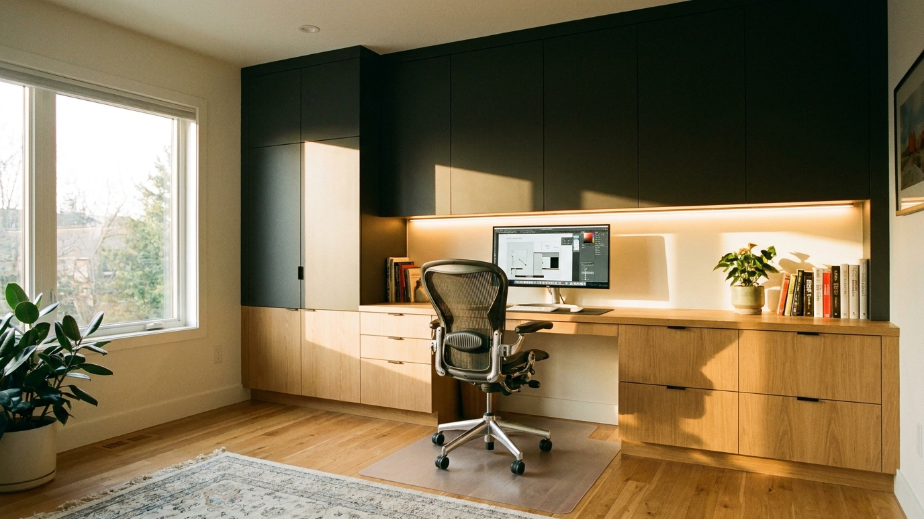 finished custom home office cabinets Utah cost ideas workspace with built-in desk and shelving