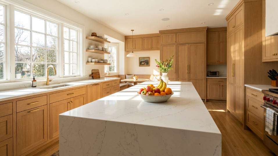 kitchen island countertop ideas Utah homes 2026 - quartz waterfall island in a Salt Lake City kitchen
