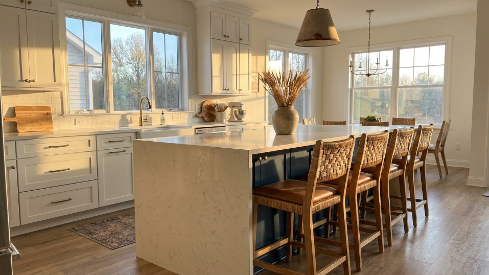 two-tone waterfall edge kitchen island in a Salt Lake City home
