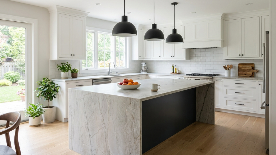 finished quartzite waterfall island in a Salt Lake City kitchen